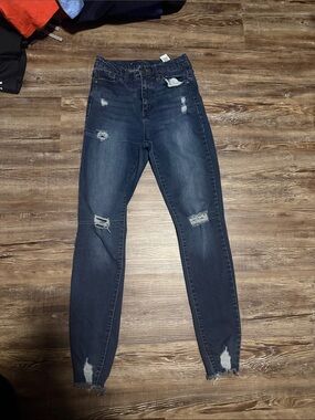 High-Rise Distressed Women's Jeans - Dark Blue